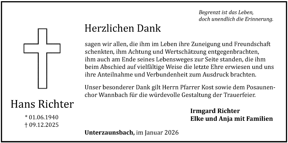  Traueranzeige für Hans Richter vom 03.01.2026 aus MGO
