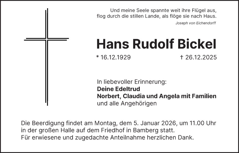  Traueranzeige für Hans Rudolf Bickel vom 03.01.2026 aus MGO