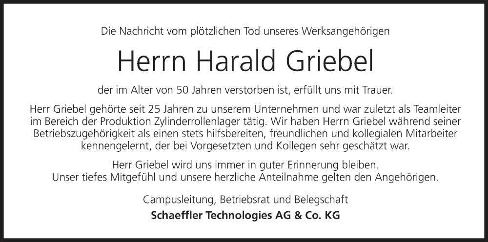  Traueranzeige für Harald Griebel vom 20.01.2026 aus MGO