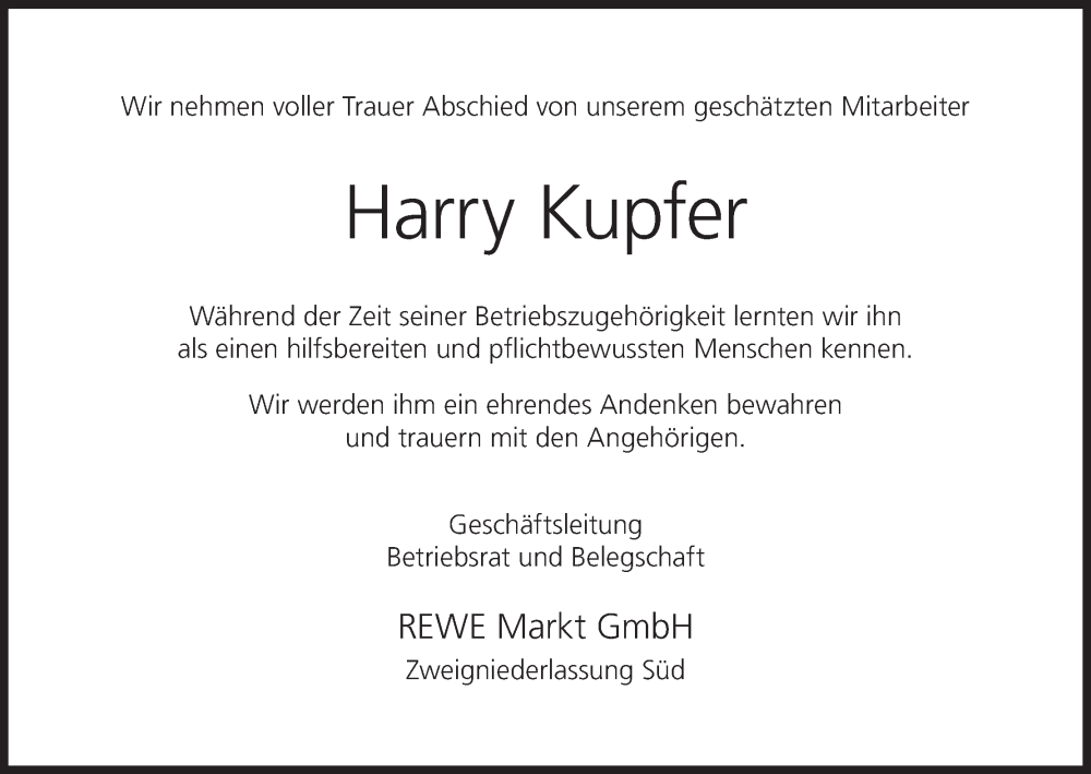 Traueranzeige für Harry Kupfer vom 17.01.2026 aus MGO