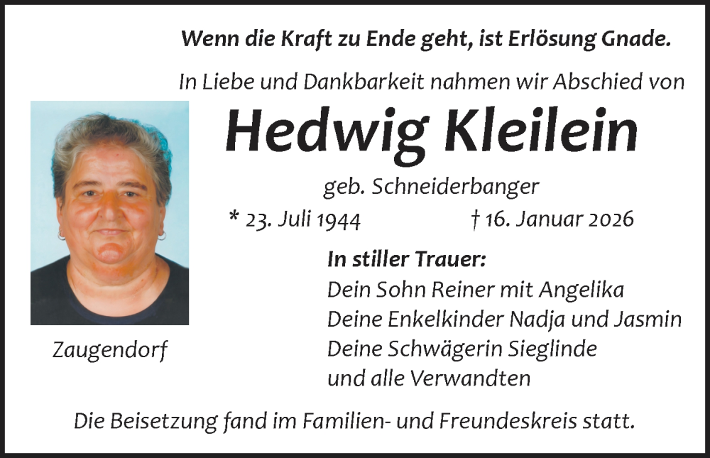  Traueranzeige für Hedwig Kleilein vom 31.01.2026 aus MGO
