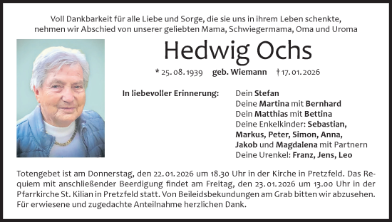 Anzeige von Hedwig Ochs von MGO