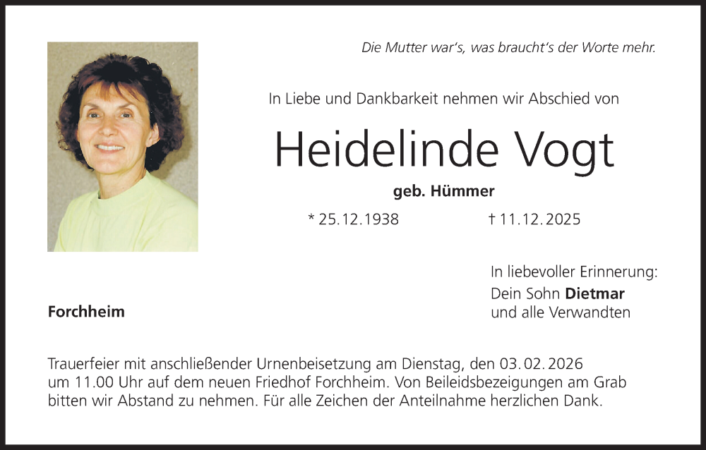  Traueranzeige für Heidelinde Vogt vom 24.01.2026 aus MGO
