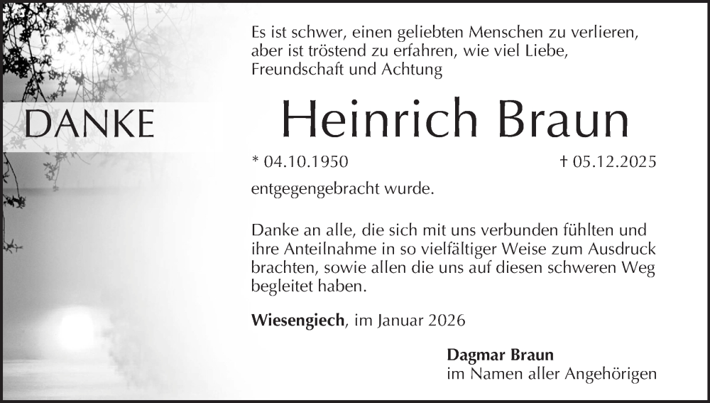  Traueranzeige für Heinrich Braun vom 17.01.2026 aus MGO