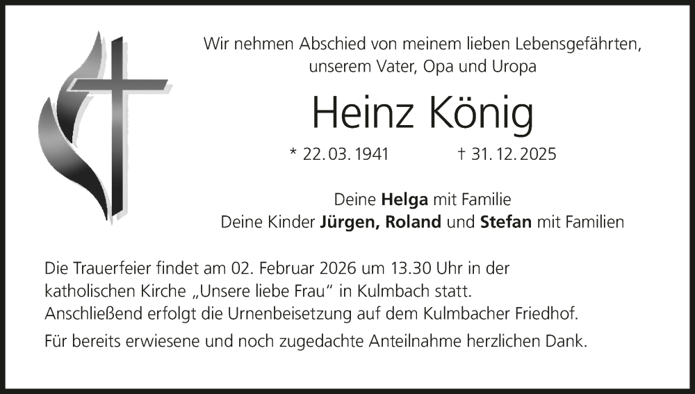  Traueranzeige für Heinz König vom 24.01.2026 aus MGO