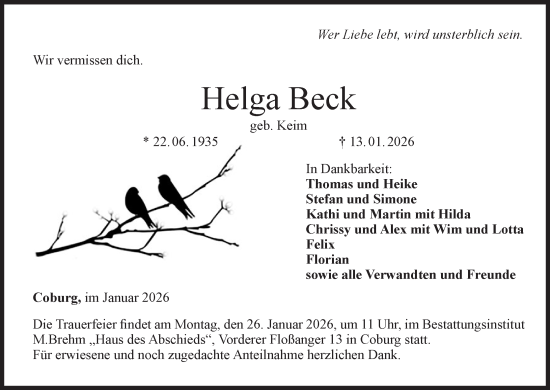 Anzeige von Helga Beck von MGO