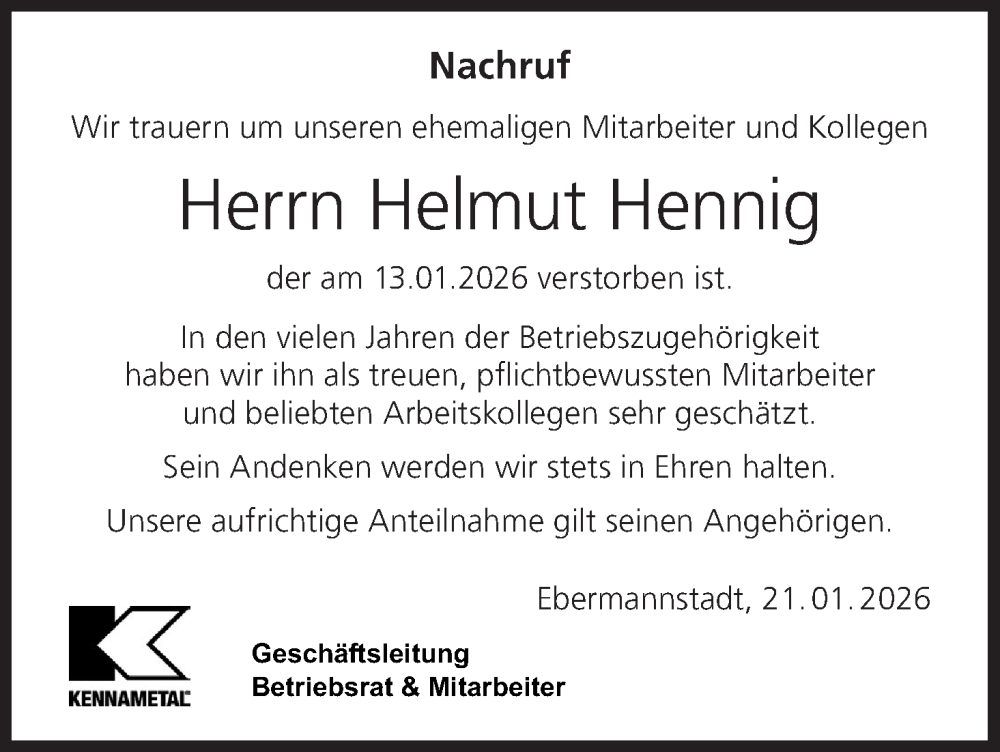  Traueranzeige für Helmut Hennig vom 21.01.2026 aus MGO