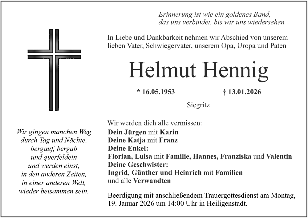  Traueranzeige für Helmut Hennig vom 17.01.2026 aus MGO