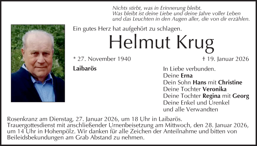  Traueranzeige für Helmut Krug vom 24.01.2026 aus MGO