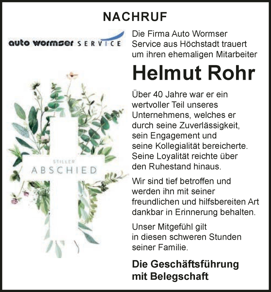  Traueranzeige für Helmut Rohr vom 20.01.2026 aus MGO