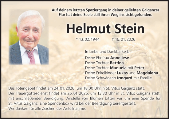 Anzeige von Helmut Stein von MGO