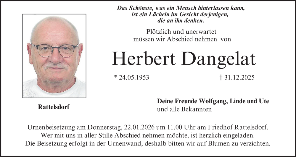  Traueranzeige für Herbert Dangelat vom 17.01.2026 aus MGO