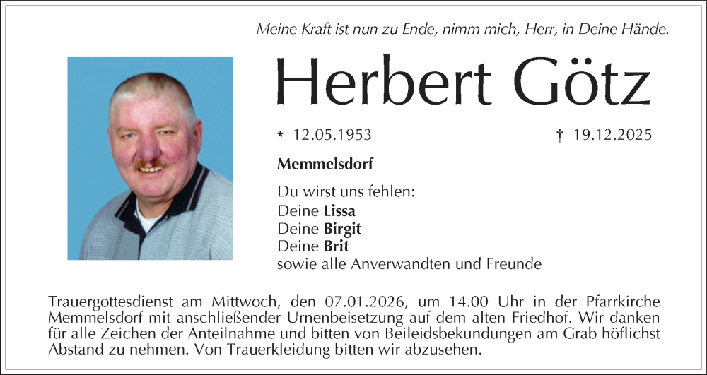  Traueranzeige für Herbert Götz vom 03.01.2026 aus MGO