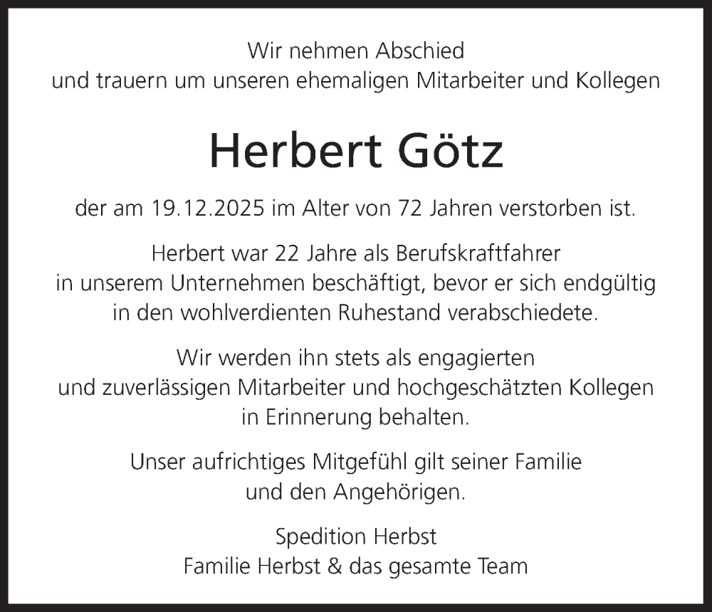  Traueranzeige für Herbert Götz vom 10.01.2026 aus MGO
