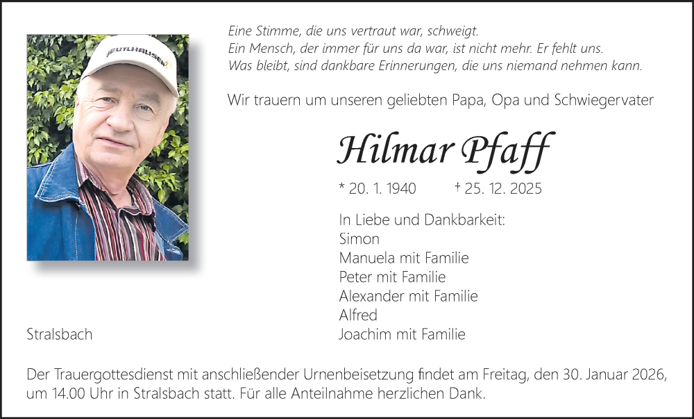  Traueranzeige für Hilmar Pfaff vom 24.01.2026 aus MGO