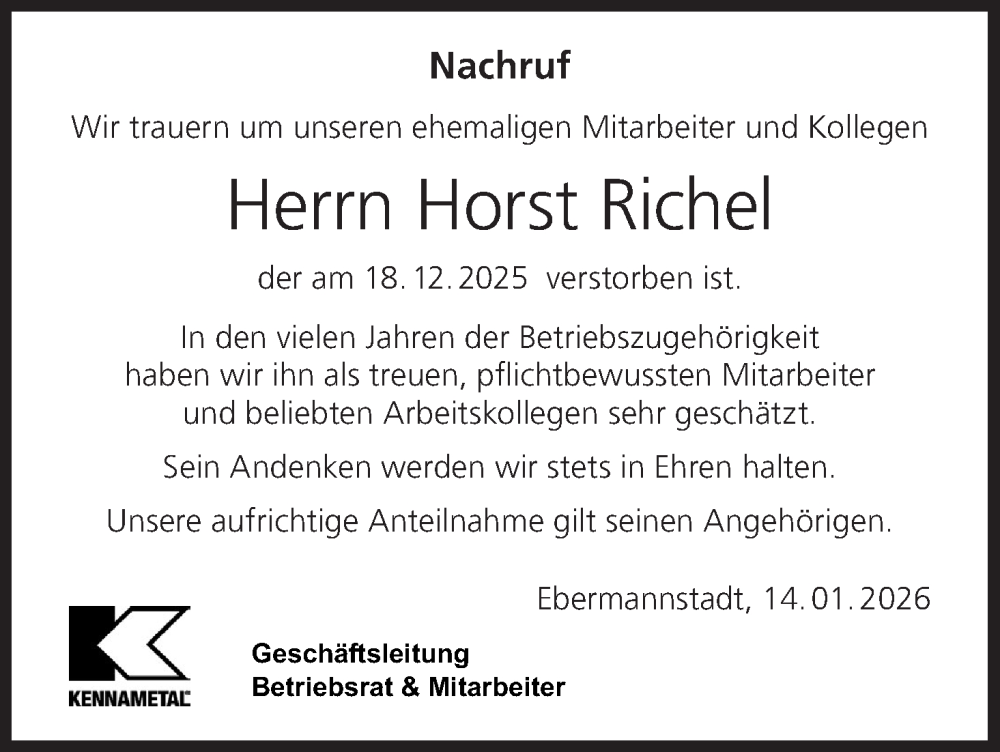  Traueranzeige für Horst Richel vom 14.01.2026 aus MGO
