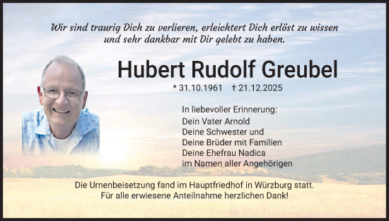 Anzeige von Hubert Rudolf Greubel von MGO