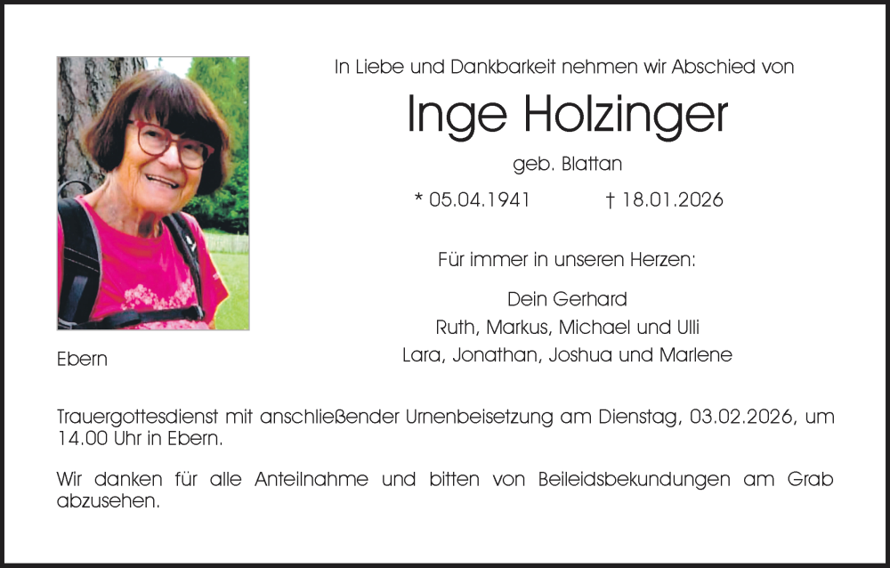  Traueranzeige für Inge Holzinger vom 31.01.2026 aus MGO