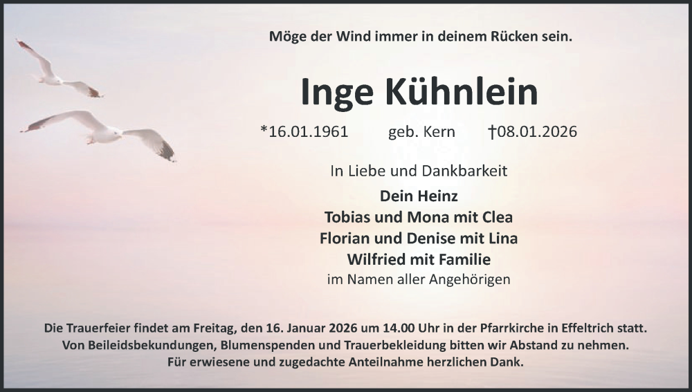  Traueranzeige für Inge Kühnlein vom 13.01.2026 aus MGO
