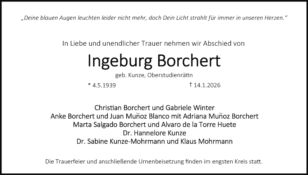  Traueranzeige für Ingeburg Borchert vom 24.01.2026 aus MGO