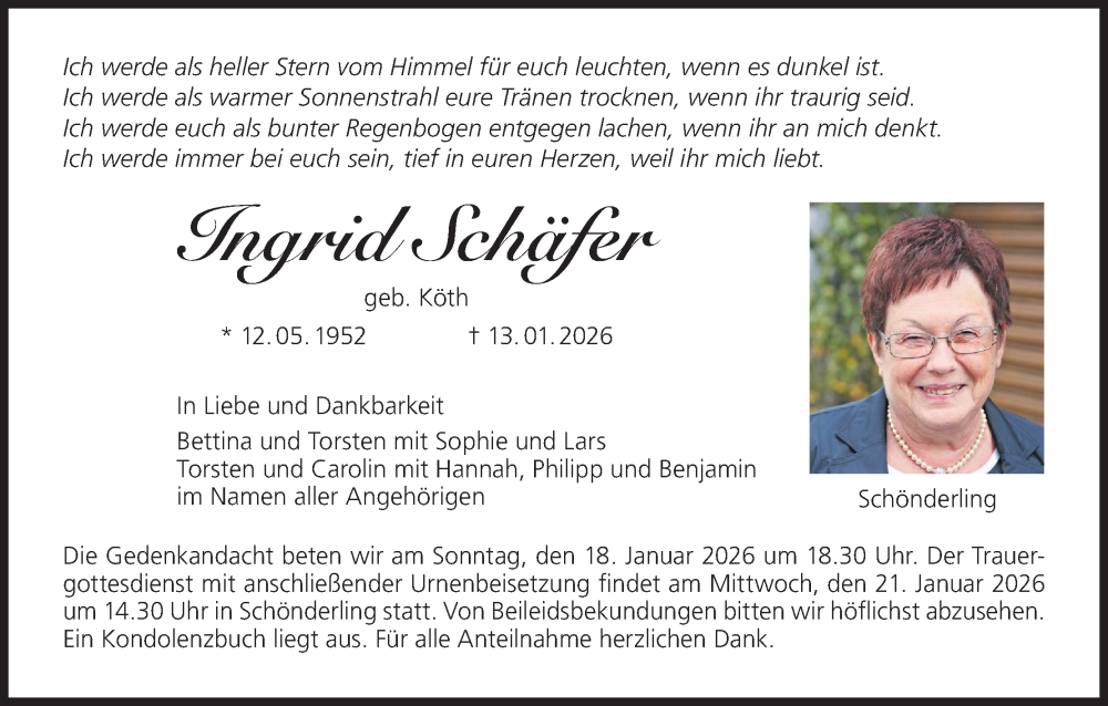  Traueranzeige für Ingrid Schäfer vom 17.01.2026 aus MGO