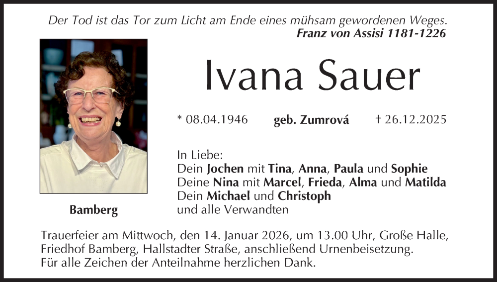 Traueranzeige für Ivana Sauer vom 03.01.2026 aus MGO