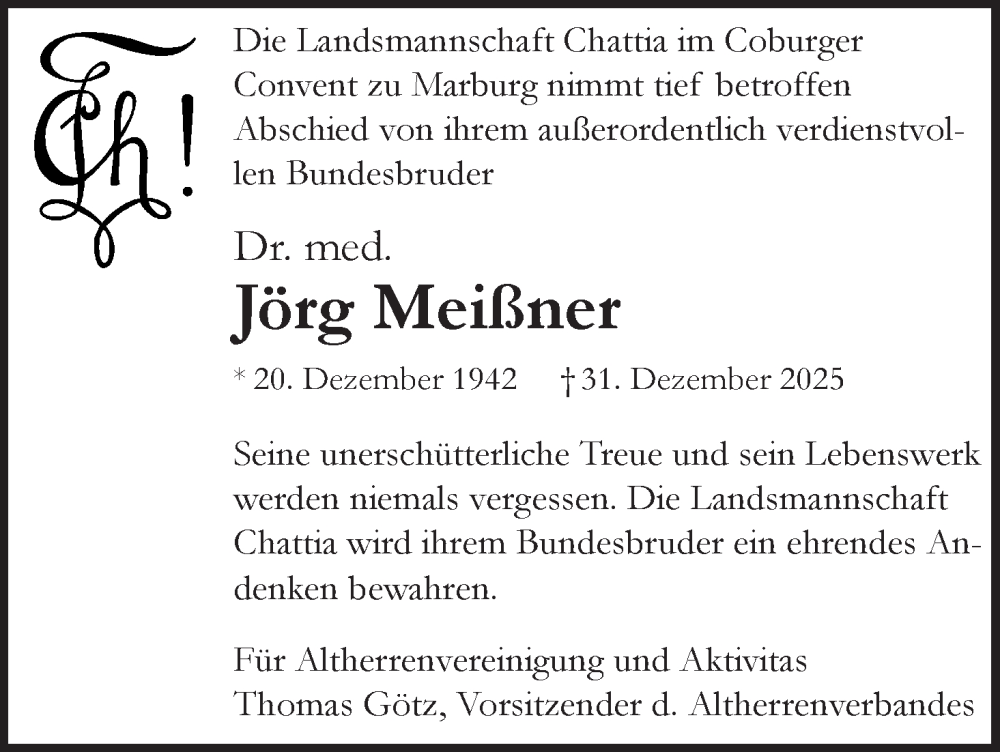  Traueranzeige für Jörg Meißner vom 08.01.2026 aus MGO
