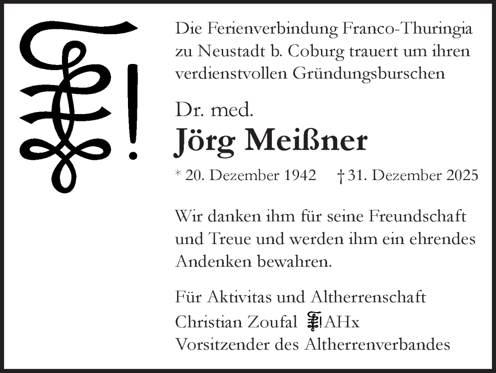  Traueranzeige für Jörg Meißner vom 08.01.2026 aus MGO