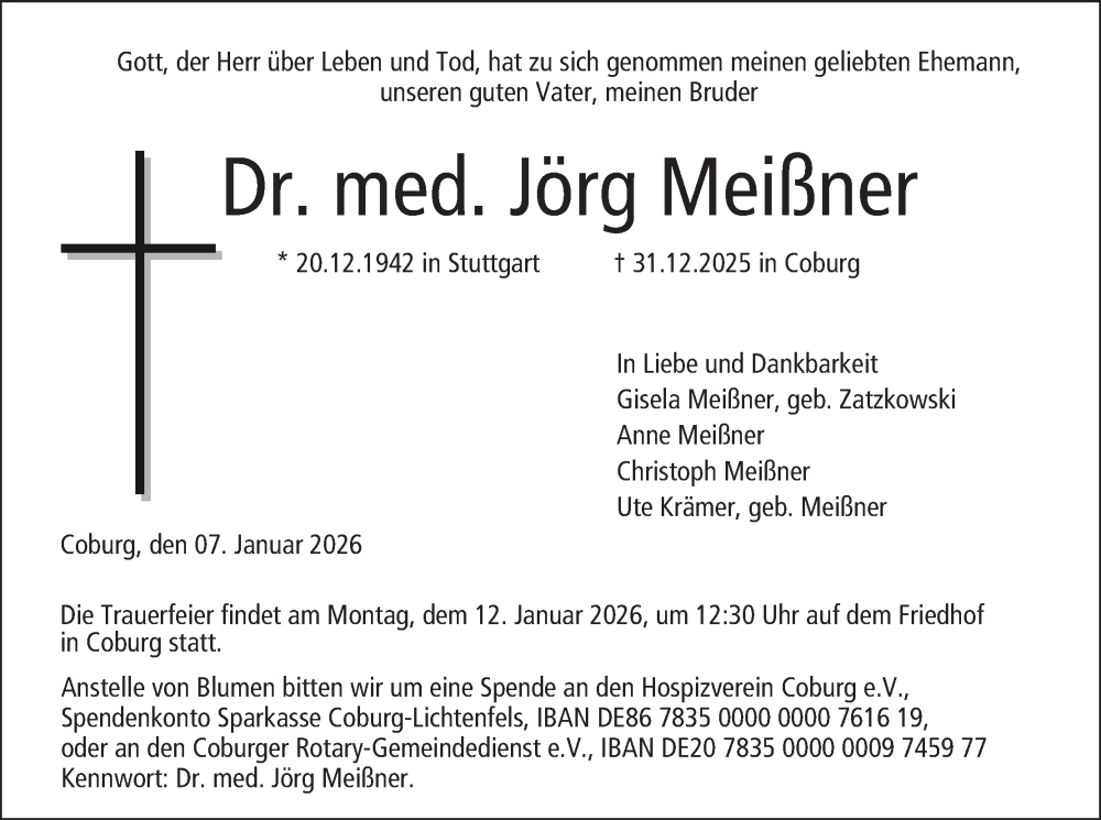  Traueranzeige für Jörg Meißner vom 07.01.2026 aus MGO