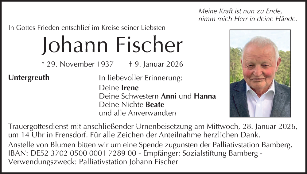  Traueranzeige für Johann Fischer vom 17.01.2026 aus MGO