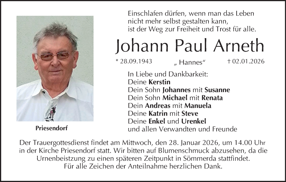  Traueranzeige für Johann Paul Arneth vom 17.01.2026 aus MGO