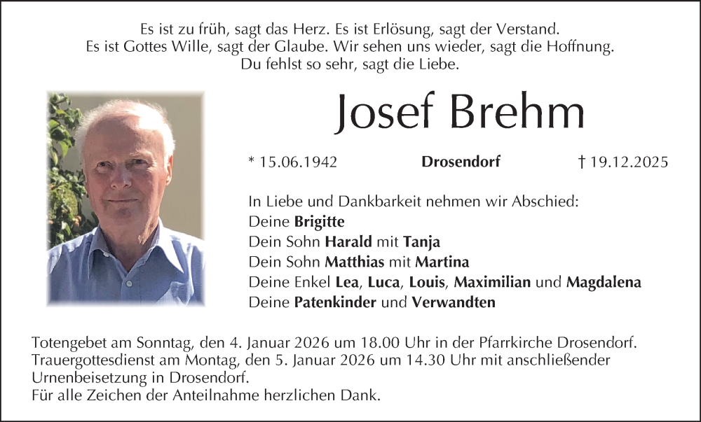  Traueranzeige für Josef Brehm vom 03.01.2026 aus MGO