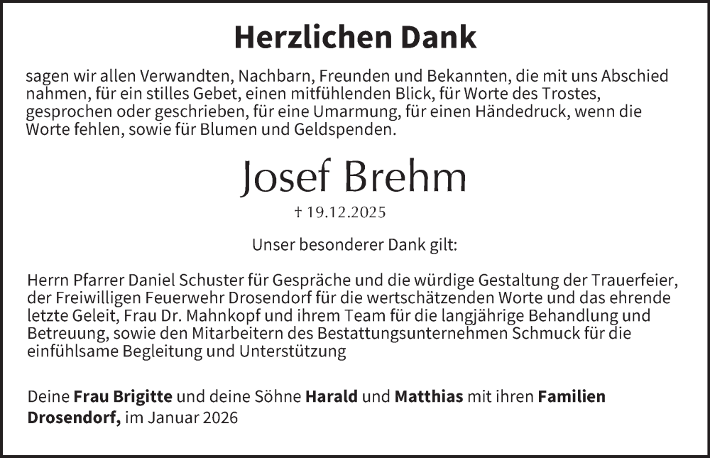  Traueranzeige für Josef Brehm vom 31.01.2026 aus MGO