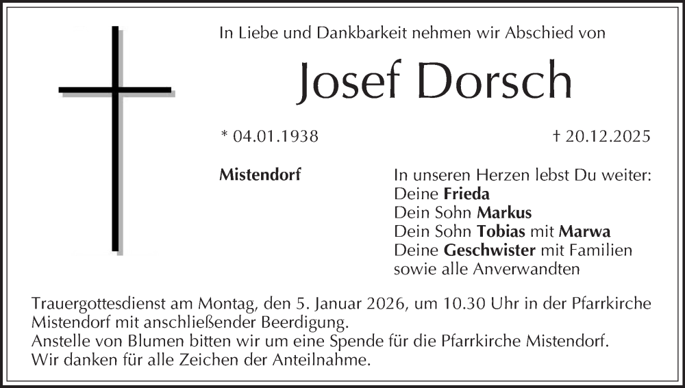  Traueranzeige für Josef Dorsch vom 31.12.2025 aus MGO