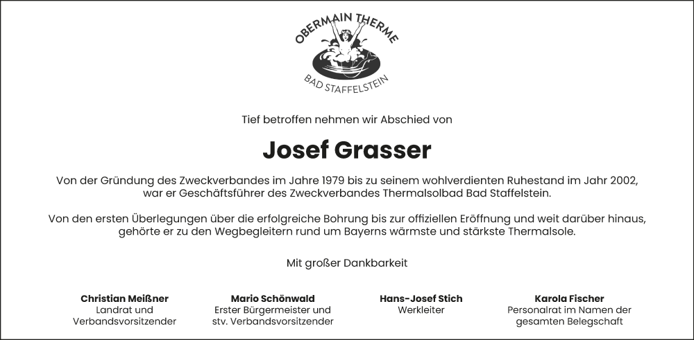  Traueranzeige für Josef Grasser vom 27.01.2026 aus MGO