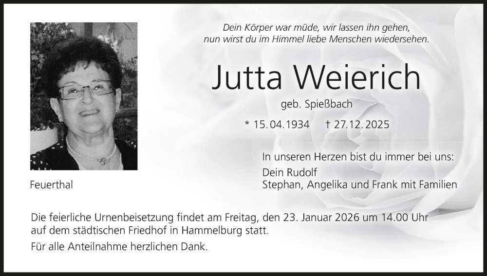  Traueranzeige für Jutta Weierich vom 10.01.2026 aus MGO