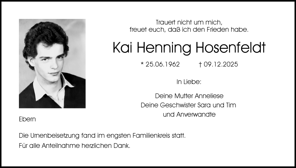  Traueranzeige für Kai Henning Hosenfeldt vom 24.01.2026 aus MGO
