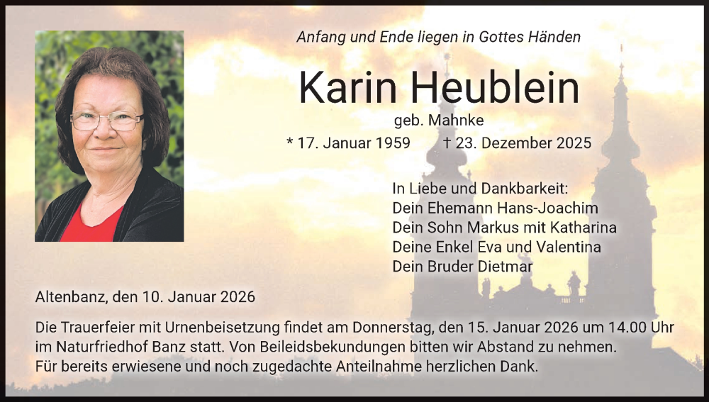  Traueranzeige für Karin Heublein vom 10.01.2026 aus MGO