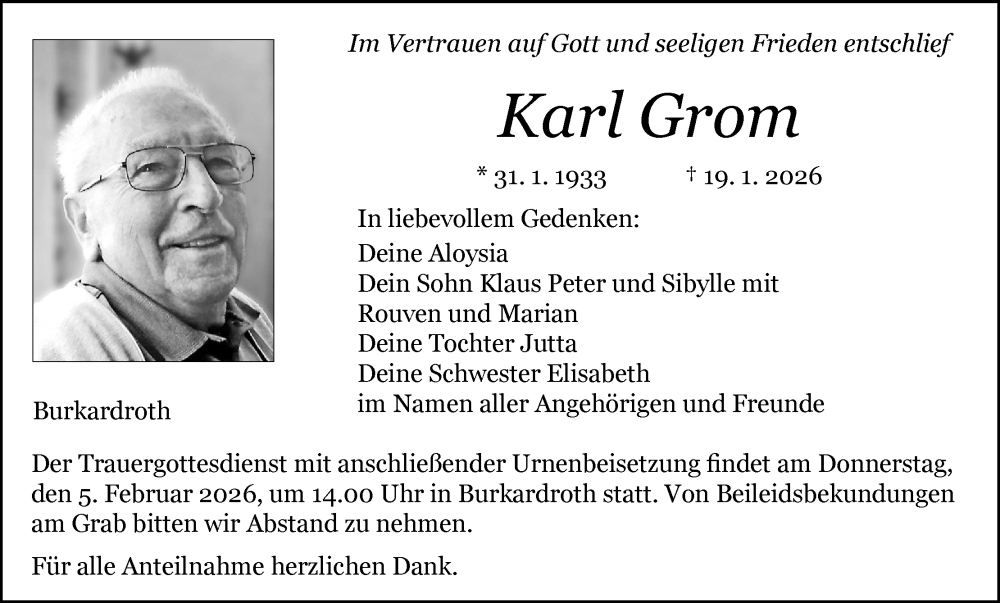  Traueranzeige für Karl Grom vom 31.01.2026 aus MGO