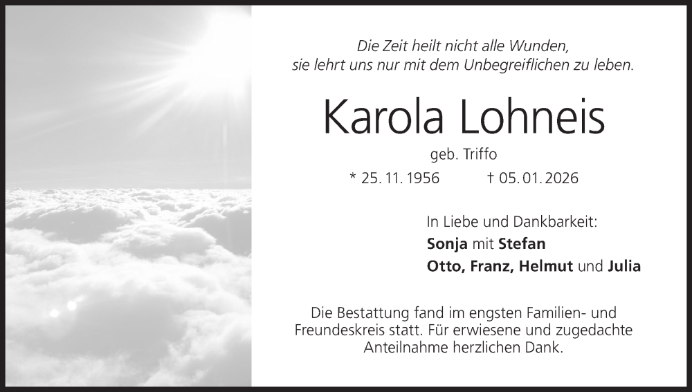  Traueranzeige für Karola Lohneis vom 31.01.2026 aus MGO