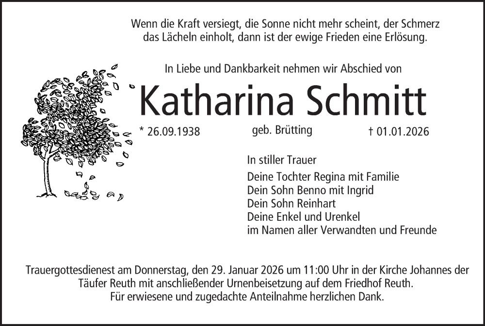  Traueranzeige für Katharina Schmitt vom 24.01.2026 aus MGO