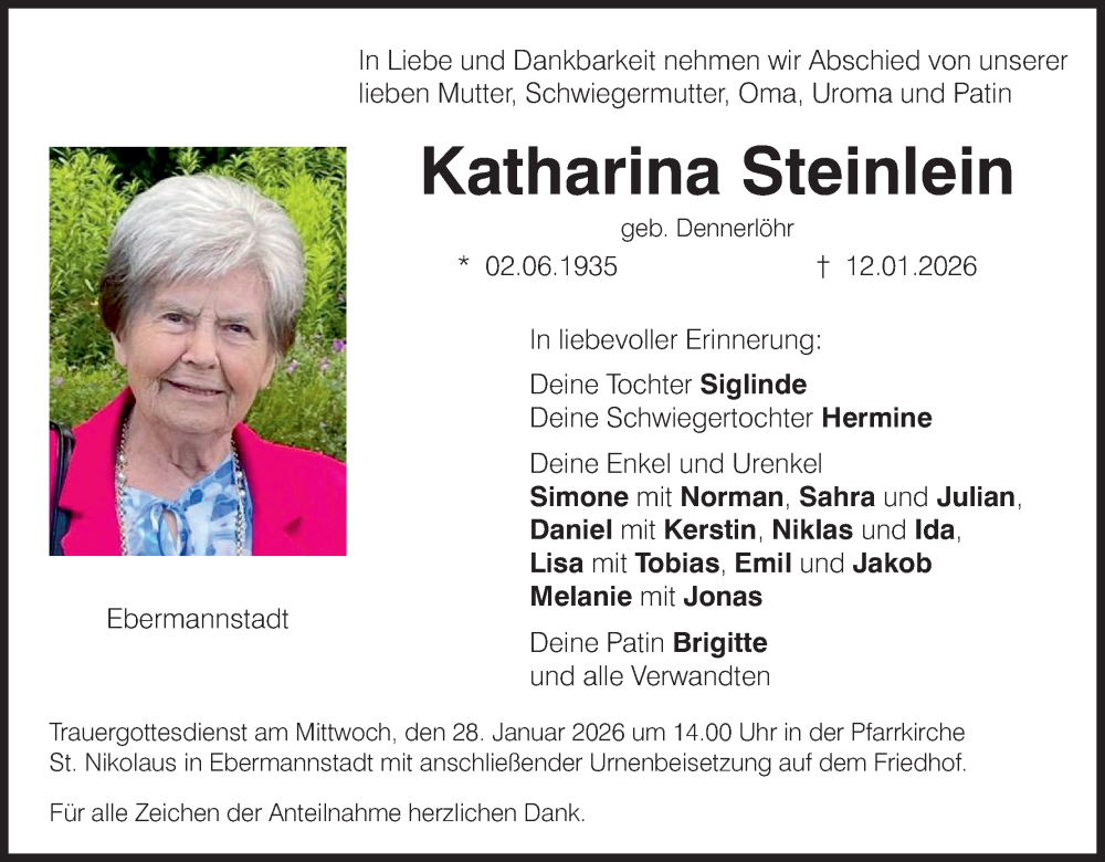  Traueranzeige für Katharina Steinlein vom 24.01.2026 aus MGO