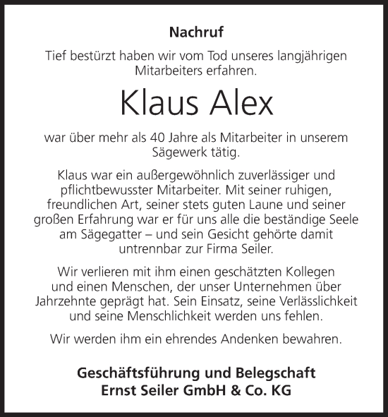 Anzeige von Klaus Alex von MGO