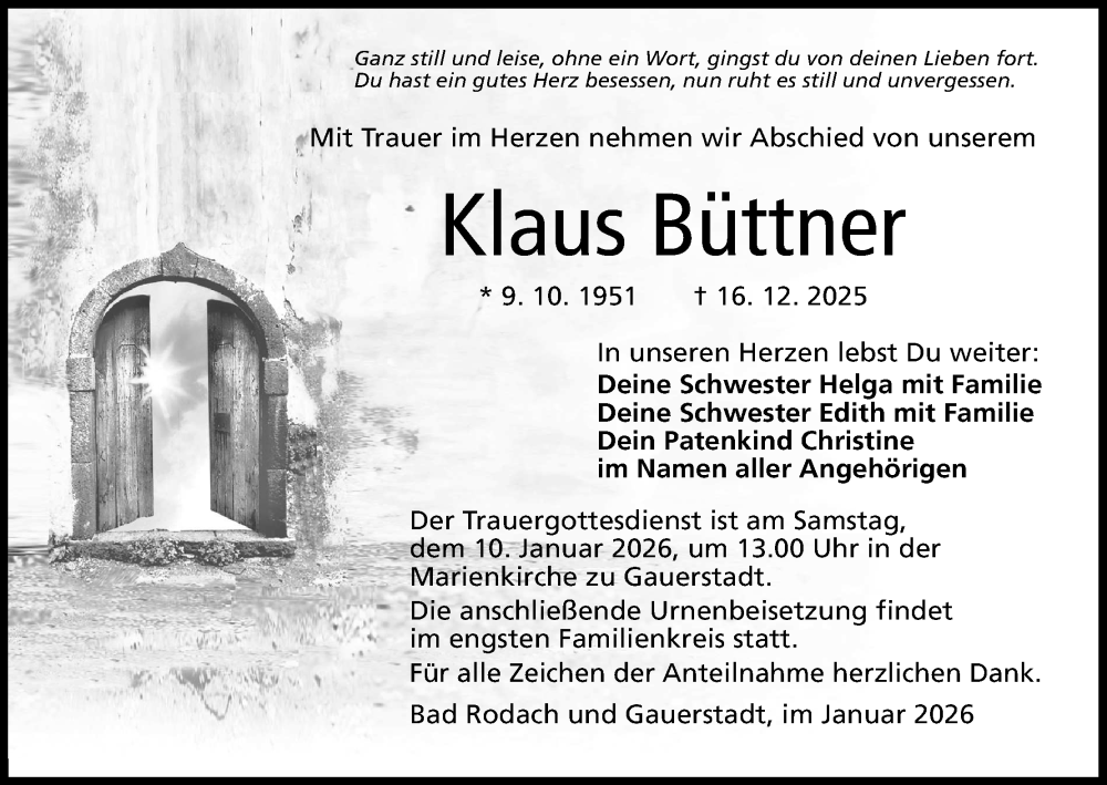 Traueranzeige für Klaus Büttner vom 03.01.2026 aus MGO