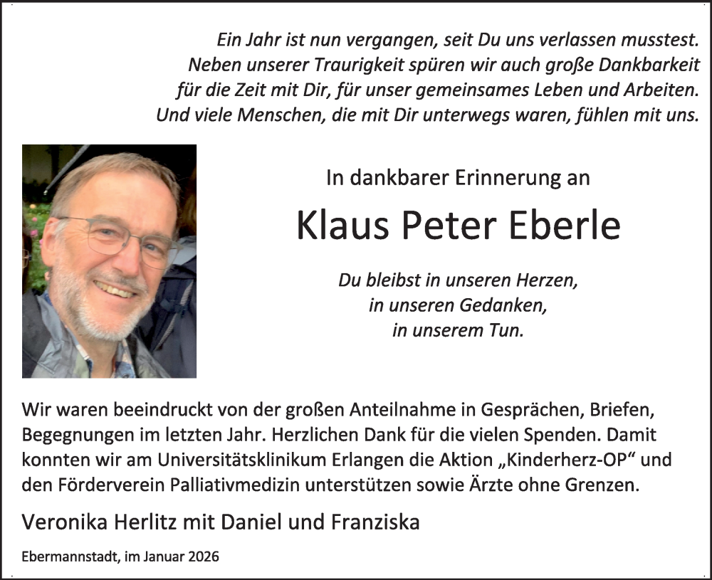  Traueranzeige für Klaus Peter Eberle vom 31.01.2026 aus MGO