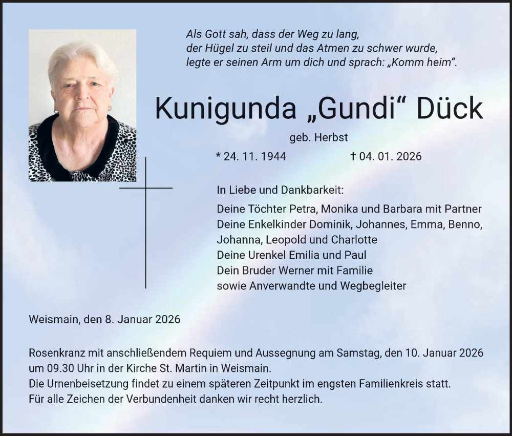  Traueranzeige für Kunigunda Dück vom 08.01.2026 aus MGO