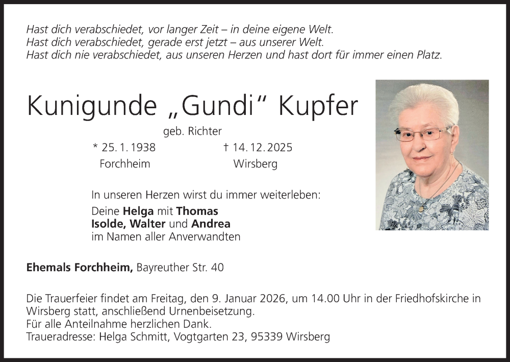  Traueranzeige für Kunigunde Kupfer vom 03.01.2026 aus MGO