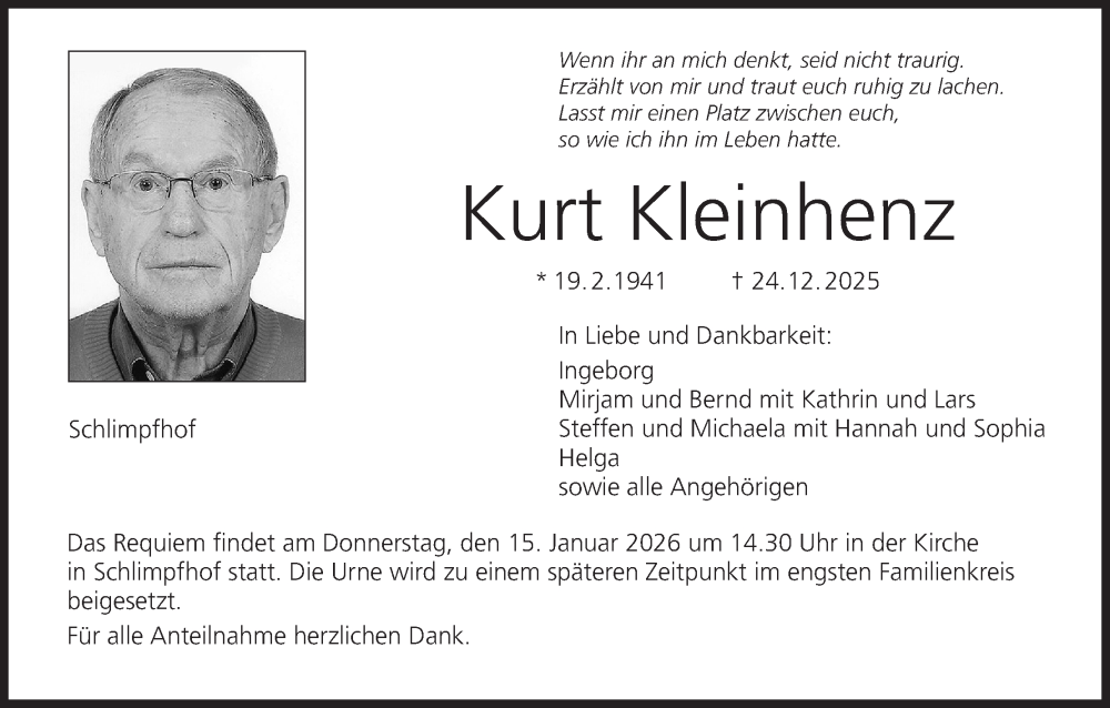  Traueranzeige für Kurt Kleinhenz vom 10.01.2026 aus MGO