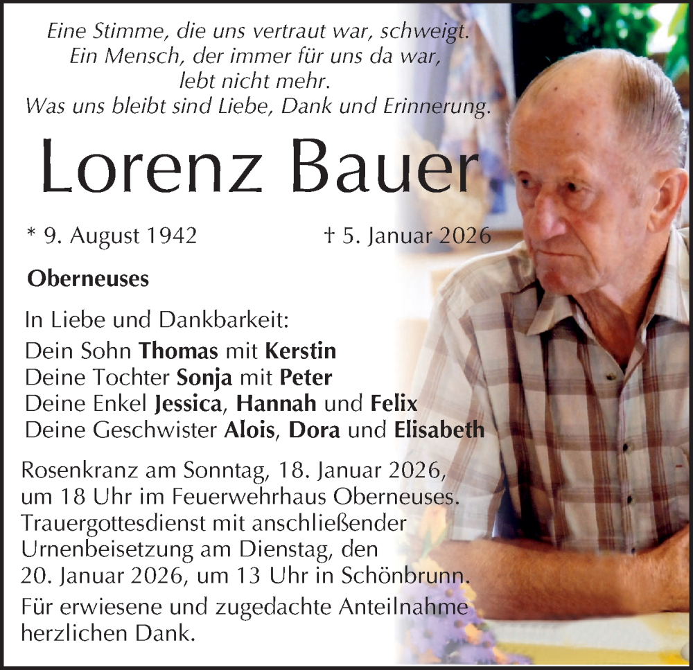  Traueranzeige für Lorenz Bauer vom 10.01.2026 aus MGO