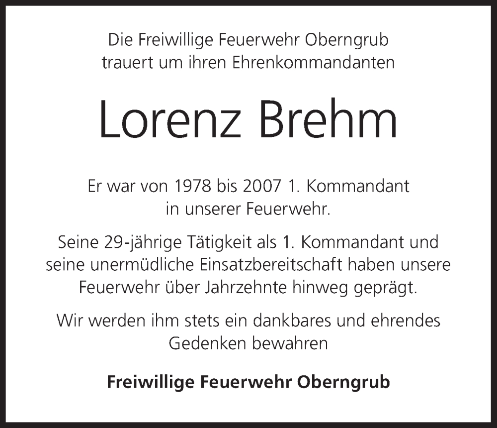  Traueranzeige für Lorenz Brehm vom 17.01.2026 aus MGO